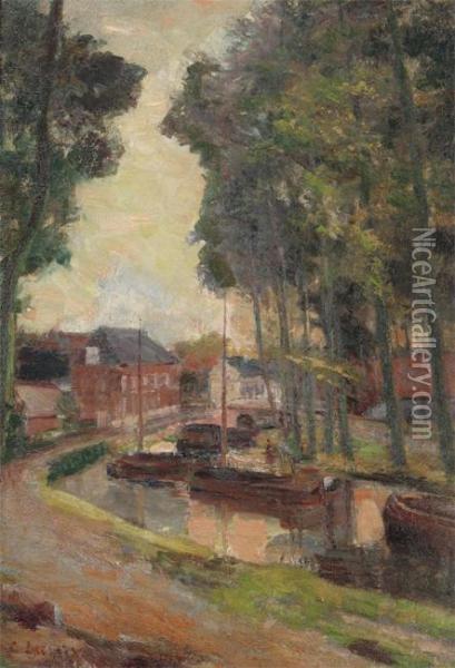 Village View With Boats On The Canal Oil Painting - Clemence Lacroix
