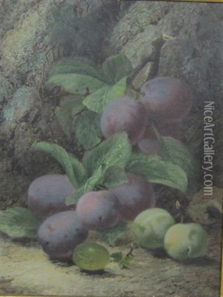 A Still Life Of Plums On A Bank Oil Painting - Oliver Clare