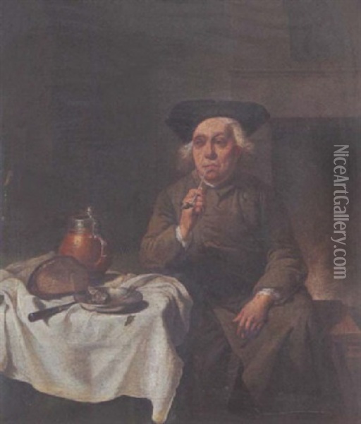 Alter Mann Bei Der Brotzeit Am Tisch Sitzend Und Topfeife Rauchend Oil Painting - Justus Juncker