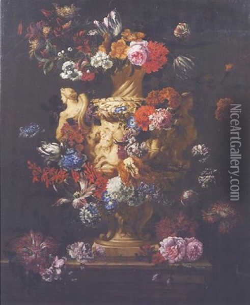 Urne De Fleurs Sur Un Entablement Oil Painting - Jan-Baptiste Bosschaert