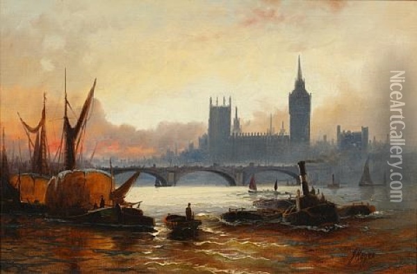Shipping On The Thames Before Westminster (+ Another; Pair) Oil Painting - Edward Henry Eugene Fletcher