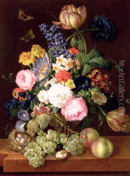 Flowers and fruit with a birds nest on a Ledge, 1821 Oil Painting - Franz Xaver Petter