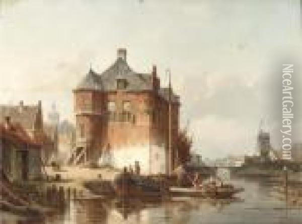A View Of A Town With Figures Along The Banks Of A Canal Oil Painting - Jacques Carabain