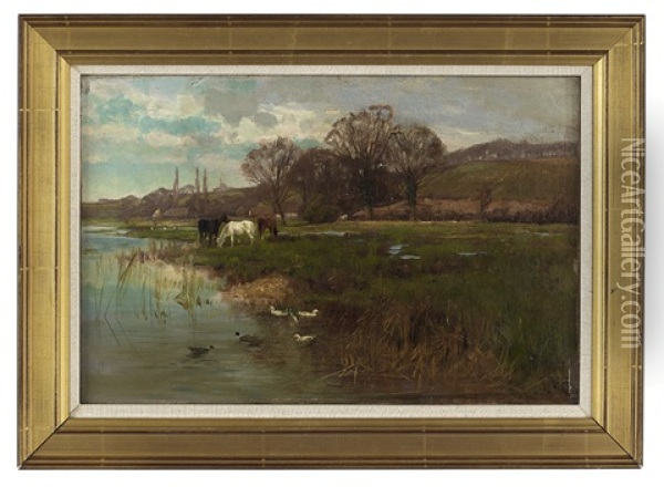 Horses Grazing By The River Oil Painting - Henry Charles Fox