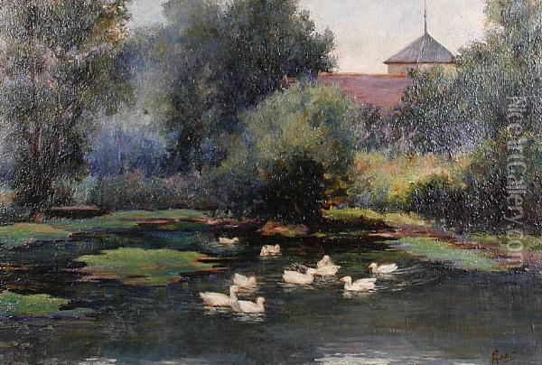 Ducks In A River Landscape Oil Painting - C. Hart