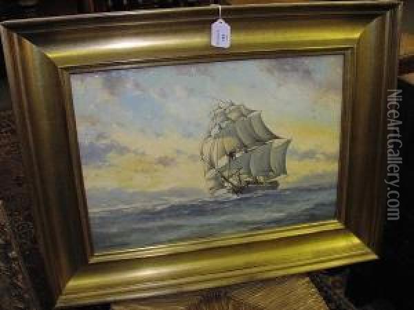 A Three Masted Sailing Ship Running Before A Good Breeze Oil Painting - Peter Power