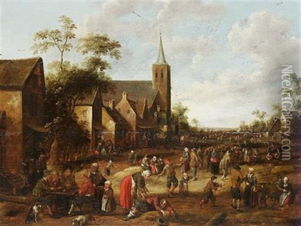 A Busy Village Street With Figures Seated Outside An Inn Oil Painting - Joost Cornelisz. Droochsloot
