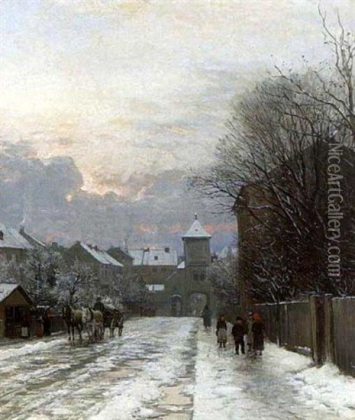 Winterliche Strasenszene Vor Der Stadttor Oil Painting - Anders Andersen-Lundby
