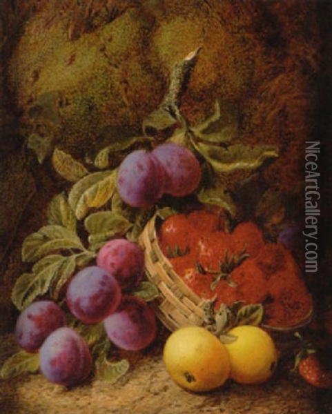 Still Life Of Apples, Plums And Strawberries In Basket Oil Painting - Oliver Clare