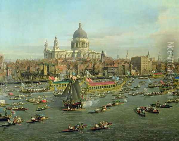 The River Thames with St. Paul's Cathedral on Lord Mayor's Day, detail of St. Paul's Cathedral, c.1747-48 Oil Painting - (Giovanni Antonio Canal) Canaletto