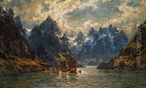 Sailing Ships In A Norwegian Fiord Oil Painting - Carl August Heinrich Ferdinand Oesterley