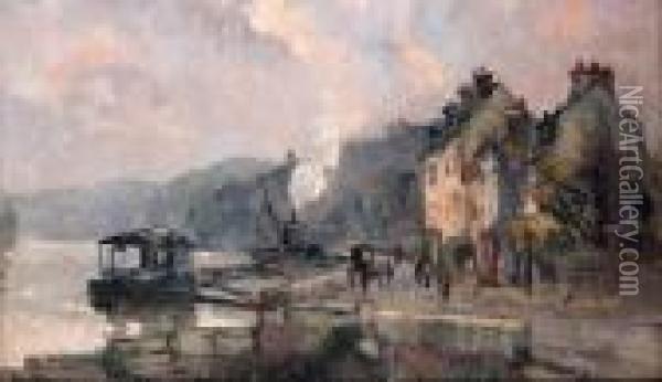 Figures By A Harbour Oil Painting - Robert Antoine Pinchon