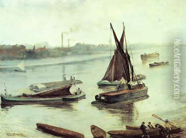 Grey and Silver: Old Battersea Reach Oil Painting - James Abbott McNeill Whistler