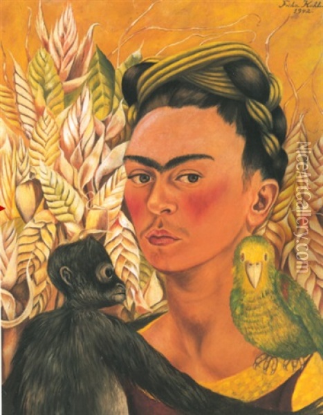 Autorretrato Con Chango Y Loro Oil Painting - Frida Kahlo
