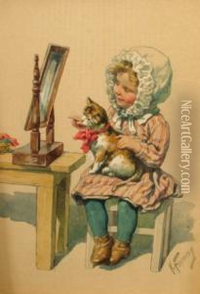 1944- Girl With A Kitten Seated By A Dressing Table Oil Painting - Karl Feiertag