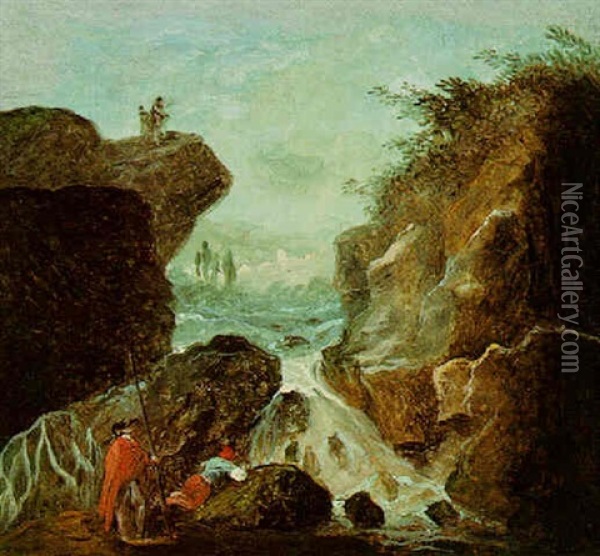 Rocky Landscape With Figures Resting Near Cascade Oil Painting - Hubert Robert