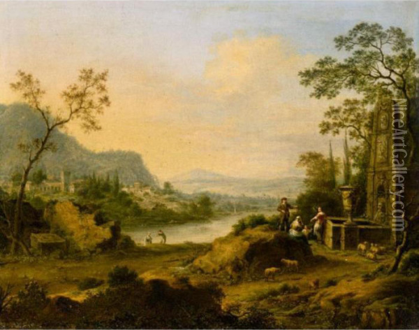 An Extensive Italianate River Landscape, With Figures Near A Fountain In The Foreground Oil Painting - Johann Christian Vollerdt or Vollaert