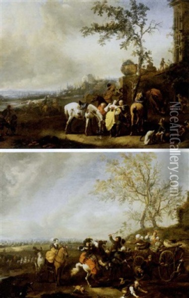 Le Depart Pour La Chasse (+ Dispute Entre Des Cavaliers Elegants Et Des Paysans Se Rendant Au Marche; Pair) Oil Painting - Carel van Falens