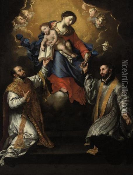 The Madonna And Child In Glory With Saints Ignatius Of Loyola And Xavier Oil Painting - Francesco Pacecco De Rosa