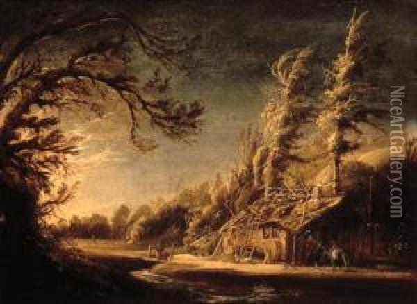 A Wooded Landscape With Peasants And A Donkey Before Acottage Oil Painting - Jacob van Geel
