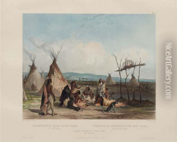 Funeral Scaffold Of A Sioux Chief, From Oil Painting - Karl Bodmer