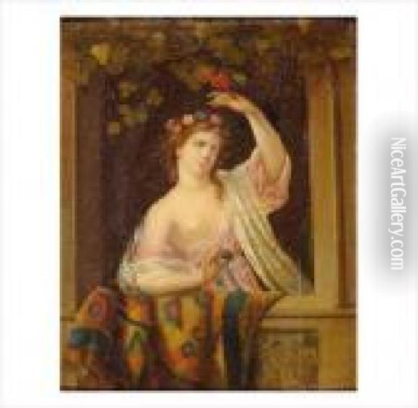 Portrait De Jeune Femme Jouant Avec Son Perroquet Dans L'embrasure D'une Fenetre Oil Painting - Robert Tournieres