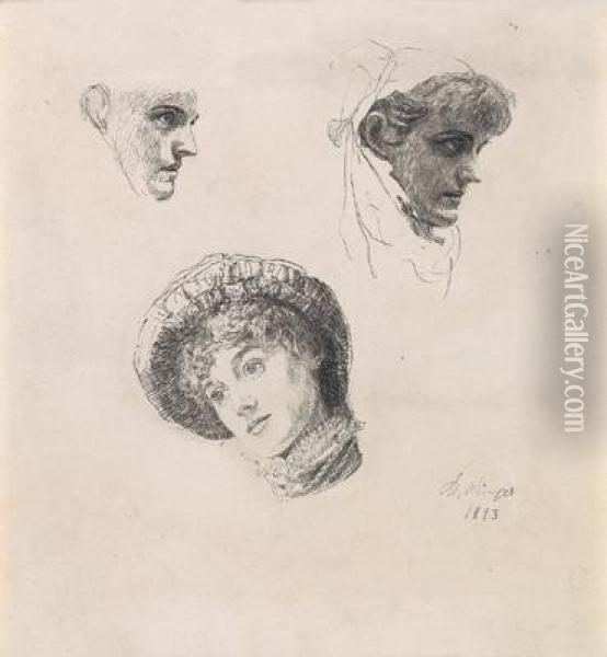 Three-quarter Length- And Profile Studies Of A Woman In A Hat Oil Painting - Max Klinger