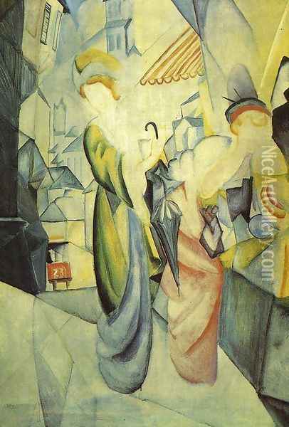 Bright Women in front of the Hat Shop (Helle Frauen vor dem Hutladen) 1913 Oil Painting - August Macke