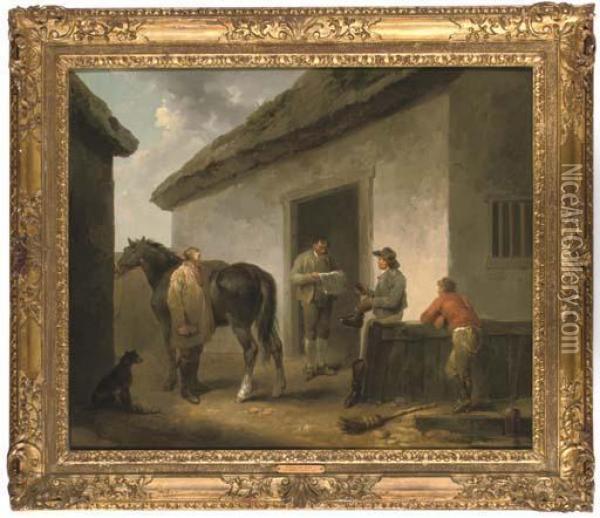 Reading The News: Horse And Grooms Outside A Stable Oil Painting - George Morland