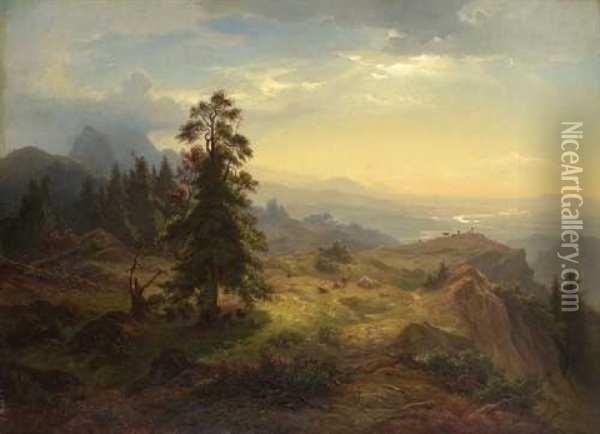 Blick Von Einer Alm Im Gebirge Auf Einen Flusslauf Oil Painting - Eduard Schleich the Elder