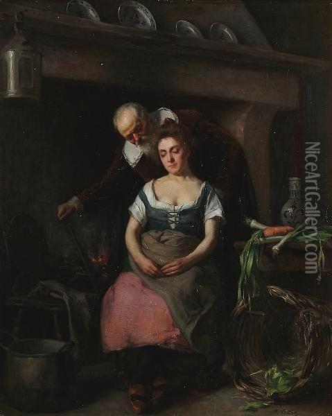 Figures In A Kitchen Interior Oil Painting - R.L. Lotthe