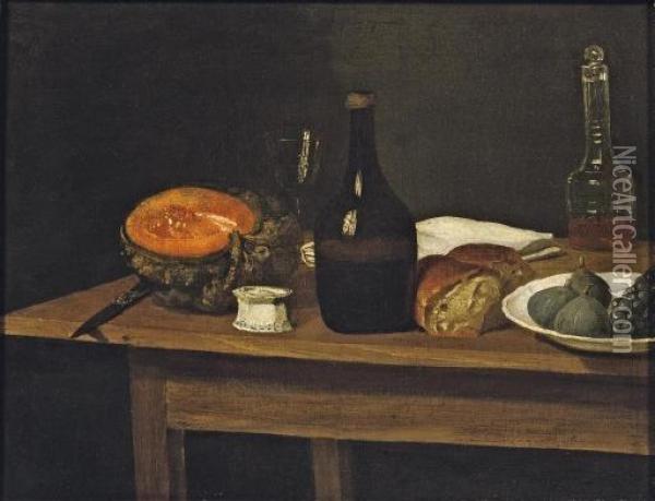 Two Bottles, An Empty Wine Glass, A Knife, A Slice Of Pumpkin, A Half Loaf Of Bread, A White Napkin With Figs And Black Grapes In A White Porcelain Bowl, All On A Wooden Table Oil Painting - Leonard Defrance
