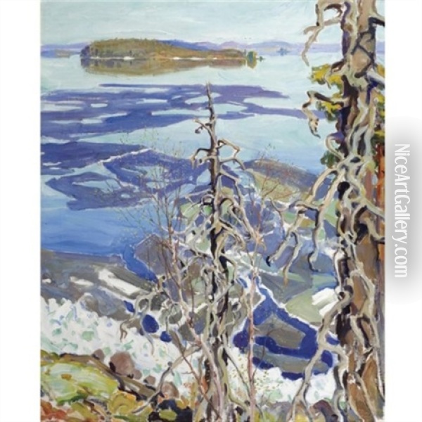 Jaiden Lahto Ruovesi (ice Breaking-up On Lake Ruovesi) Oil Painting - Akseli Valdemar Gallen-Kallela