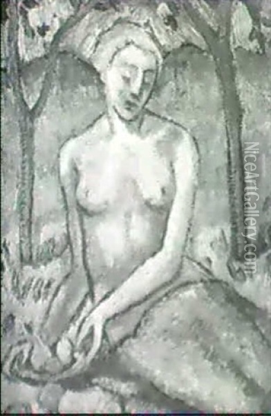 Sitzender Weiblicher Halbakt Mit Fruchteschale Unter        Bluhenden Baumen. Oil Painting - Clara Ruhle