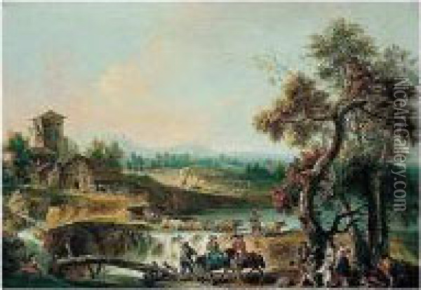 A River Landscape With Elegant 
Travellers And Other Figures By A Wooden Bridge, A Herdsman Crossing The
 River With His Cattle By A Waterfall Oil Painting - Giovanni Batista Cipriani
