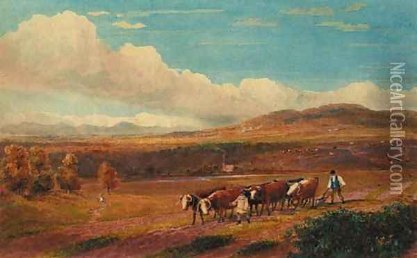 Ploughing with Oxen in Herefordshire with Stone Park and the Malvern Hills in the distance Oil Painting - David Cox