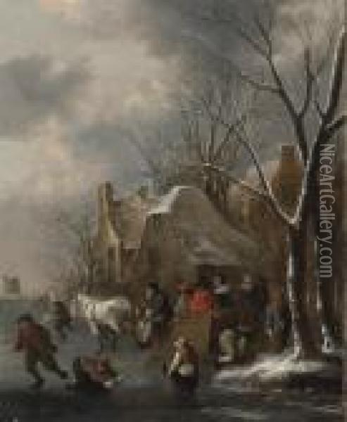A Winter Landscape With Figures Desporting Oil Painting - Claes Molenaar (see Molenaer)
