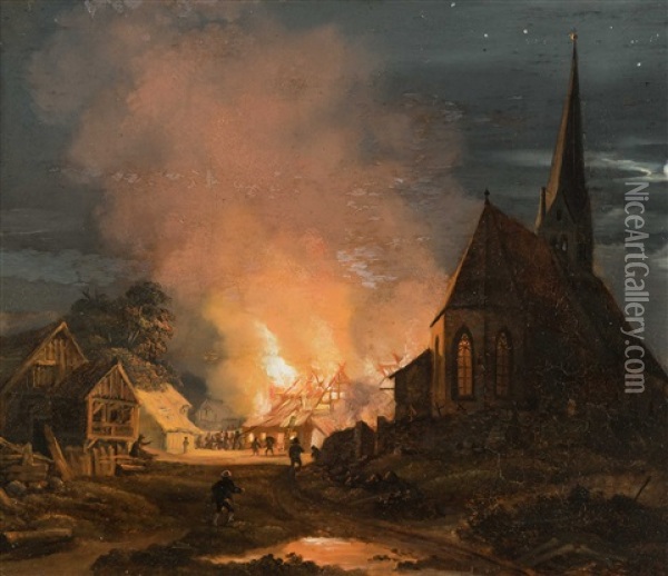 Nachtliches Feuer Neben Der Kirche In Ramsau Oil Painting - Heinrich Buerkel