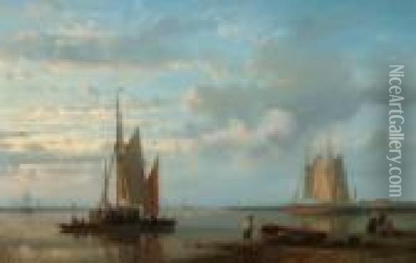 Figures By A Tranquil Shore With Moored Barges And Tall Ships In The Distance Oil Painting - Abraham Hulk Jun.