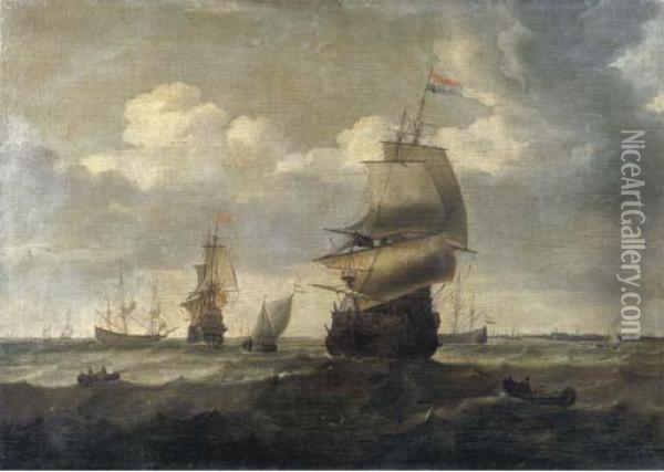 Marina Con Velieri Ed Altre Imbarcazioni Al Largo Di Una Citta Oil Painting - Hendrick Dubbels