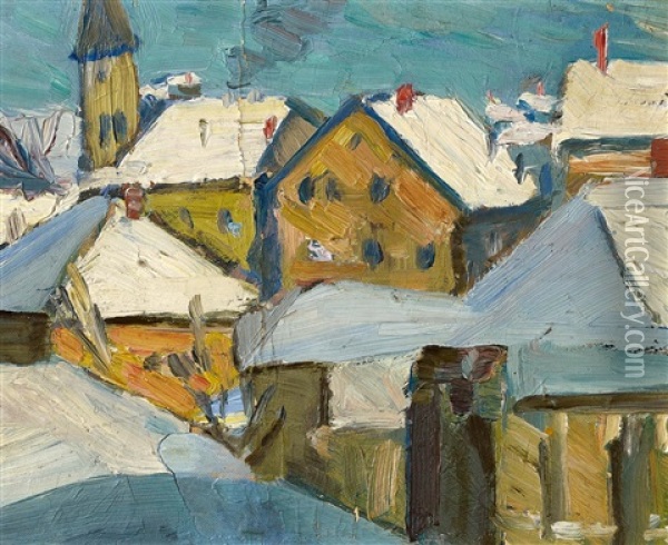 Dorflandschaft Im Winter/zwei Akte Am See Oil Painting - Hermann Stenner