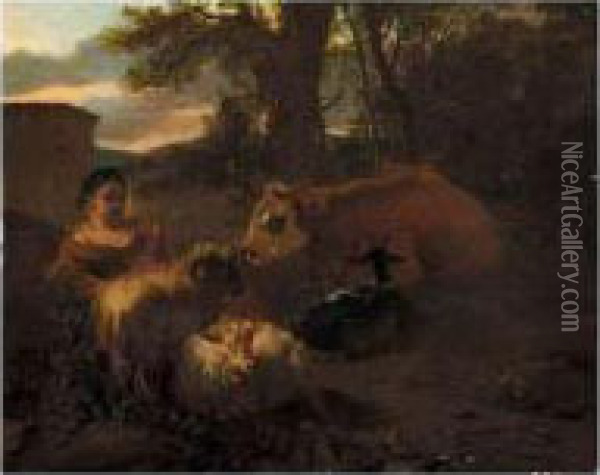 A Pastoral Landscape With A Shepherdess Resting With Her Animals Oil Painting - Simon van der Does