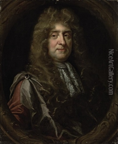 Portrait Of Sir John Buckworth In A Mantle And A Lace Collar Oil Painting - John Riley