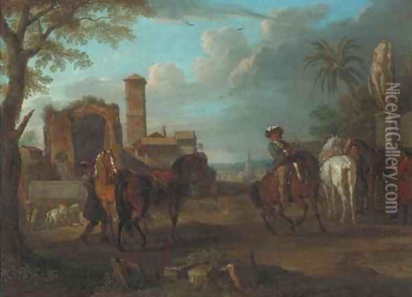 An Italianate town with Roman ruins and horsemen in the foreground Oil Painting - Pieter van Bloemen