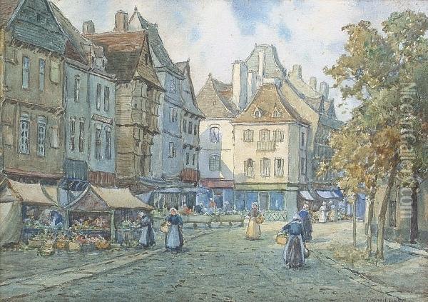 Market Day, Lanion; Evening, Hesden Oil Painting - James W. Milliken