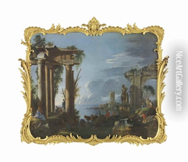 A Capriccio Of Classical Ruins With Figures Resting By Columns And Others Conversing Oil Painting - Giovanni Ghisolfi