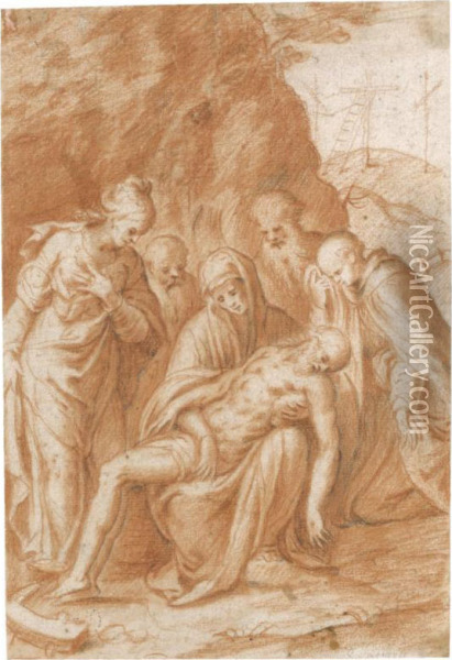 The Lamentation With Saint Catherine Of Alexandria, Gabriele Quintiano And Possibly The Prophets Elijah And Elisha Oil Painting - Bernardino Campi