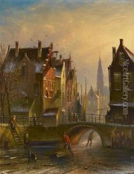 Skaters On A Canal In Amsterdam With A View Of The Zuiderkerk Beyond Oil Painting - Johannes Franciscus Spohler