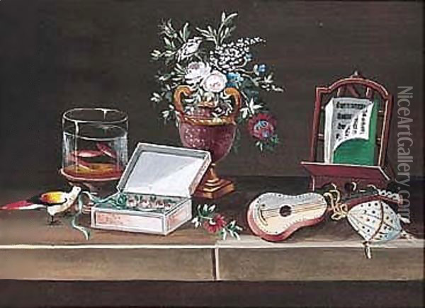 Musical Instruments, Boxes And Flowers Oil Painting - Rene Lelong
