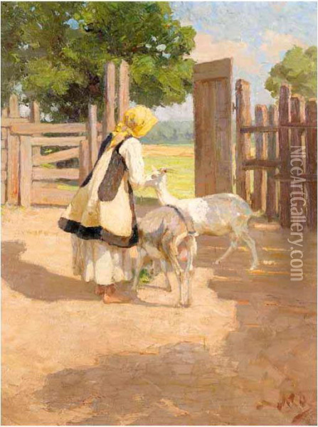 Feeding The Goats Oil Painting - Nicholaos Othoneos